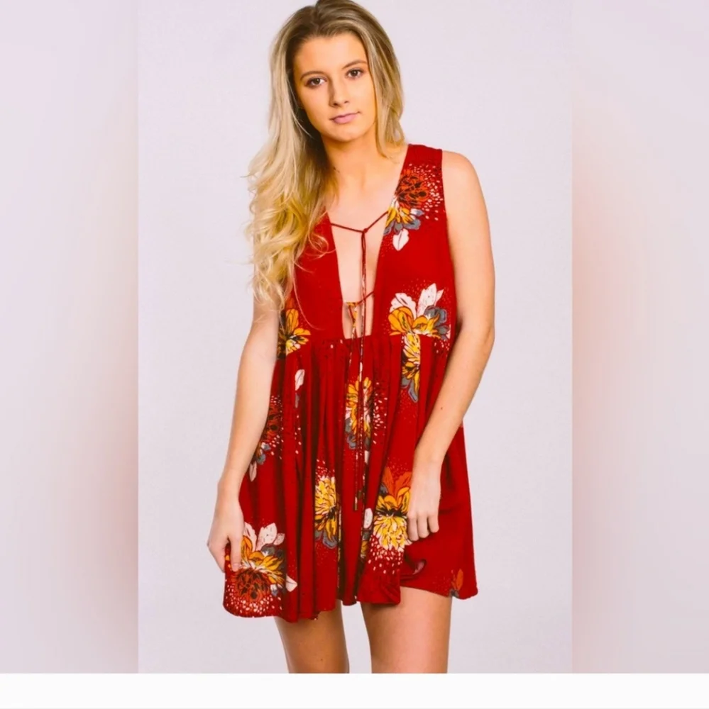 FREE PEOPLE Lovely Day Printed Tunic Red Dress‎ size xs